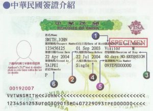 Виза в Тайвань: 1 - тип визы (турист, резидент, бизнес); 2- дата заезда 3 - время пребывания 4 - кол-во въездов на Тайвань; 5 - номер визы; 6 - ремарки Консульства Тайваня.