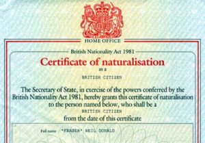 Британский сертификат натурализации (образец)